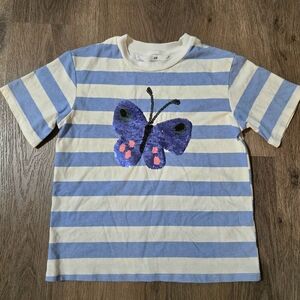 H&M Girls Sequin Butterfly StripedShort Sleeve Shirt Blue & White Size 6/7 Small